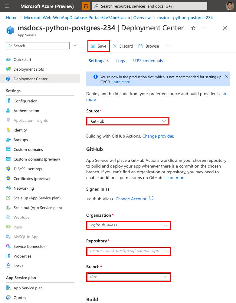 Screenshot of Azure Portal Github configuration screen