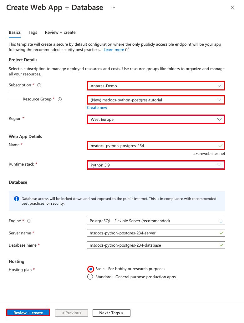 Screenshot of Azure Portal for Web App + DB template